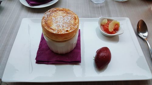 High angle view of souffle served on table