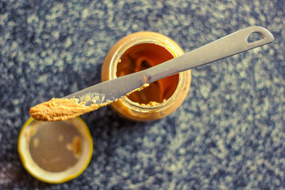 High angle view of drink on table