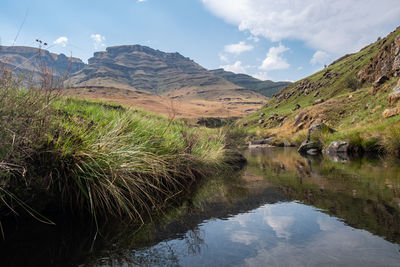 Scenic view of lake and mountains against sky