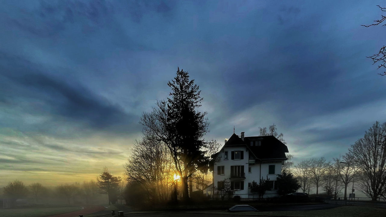 tree, sky, architecture, evening, plant, built structure, cloud, building exterior, building, house, dusk, nature, sunset, sunlight, residential district, no people, outdoors, silhouette, mansion, twilight, landscape, road, beauty in nature, street, bare tree, rural scene, winter