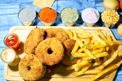 High angle view of food on table