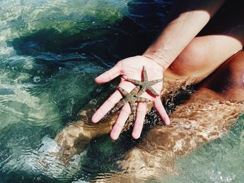 Cropped hand of person holding starfish in sea