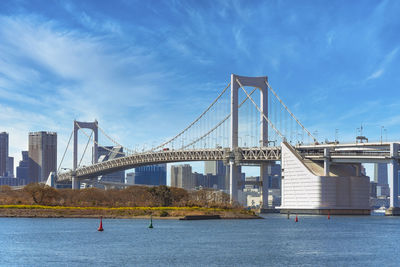 Bird island of odaiba bay in front of the suspension rainbow bridge in the port of tokyo