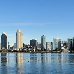 City skyline against blue sky