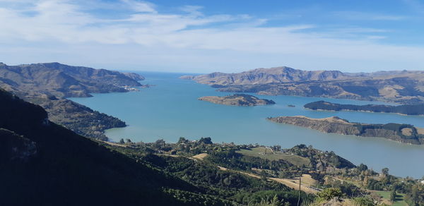 Panoramic view of sea and mountains against sky