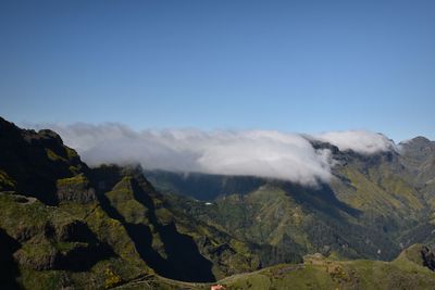 Scenic view of mountains against clear blue sky