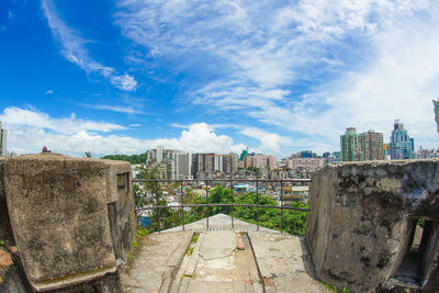 Buildings against cloudy sky