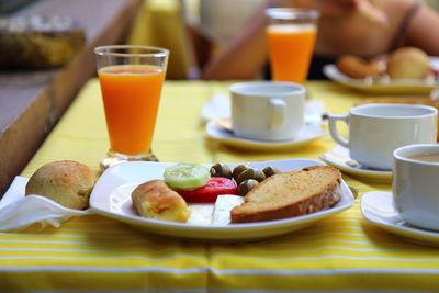 Close-up of breakfast served on table