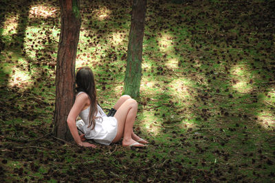 Young woman sitting on grass by tree in forest