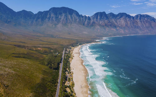 Scenic view of sea and mountains against sky