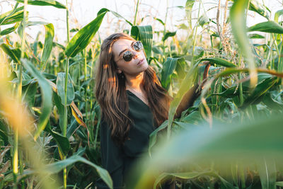 Young beautiful woman in the sunglasses in sunset corn field. sensitivity to nature concept