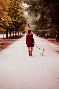 Rear view of woman walking with dog on footpath