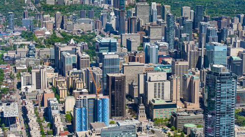 High angle view of modern buildings in city