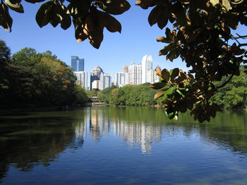 Reflection of buildings in lake