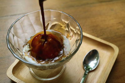 High angle view of ice cream in bowl on table