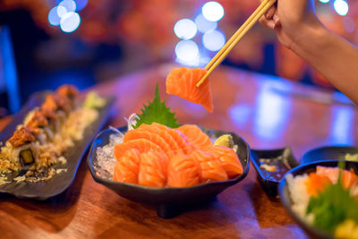 Close-up of sushi served on table