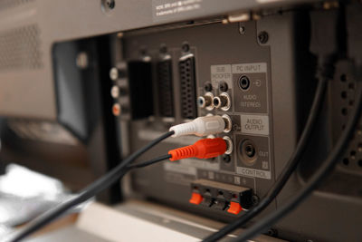 Close-up of cable connected to audio equipment