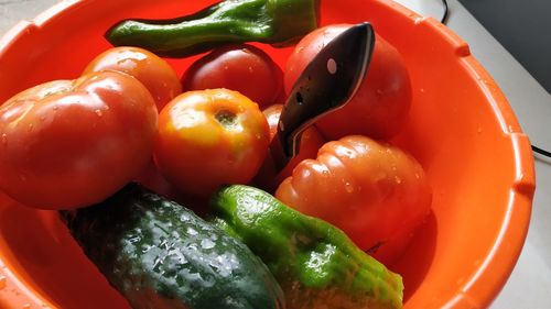 High angle view of bell peppers in container