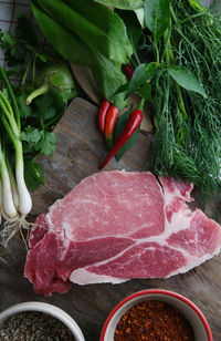 Overhead view of meat with vegetables and spices on table