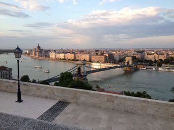 River amidst buildings in city against sky at the chainbridge in budapest 