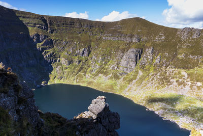 Scenic view of lake by mountain against sky