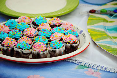 Close-up of cupcakes in plate on table