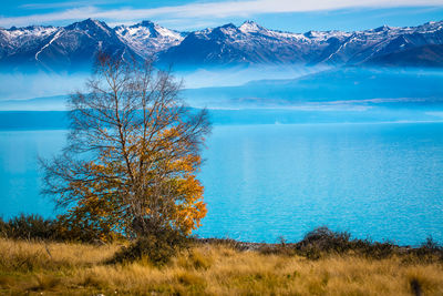 Scenic view of snowcapped mountains and lake against sky