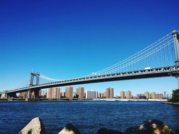 View of suspension bridge with city in background