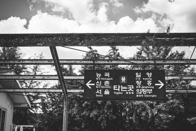 Low angle view of sign against sky