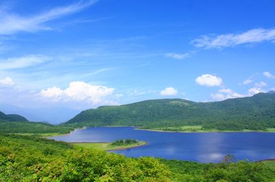 Scenic view of lake and mountains against blue sky