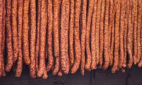 Romanian sausages made in the house dryed for sale on the market stall