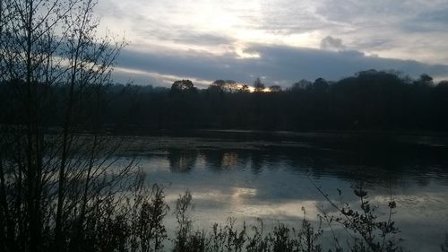 Scenic view of lake against cloudy sky