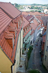 High angle view of residential buildings in city