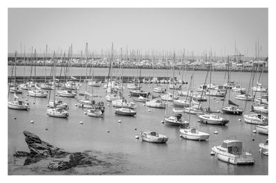 High angle view of sailboats moored at harbor