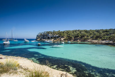 Scenic view of sea against clear blue sky