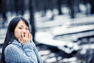Close-up of girl in snow