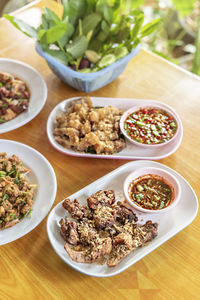 High angle view of food served on table