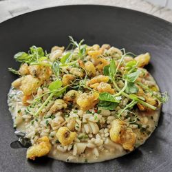 High angle view of food in plate on table