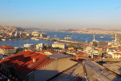 High angle view of town by sea against sky