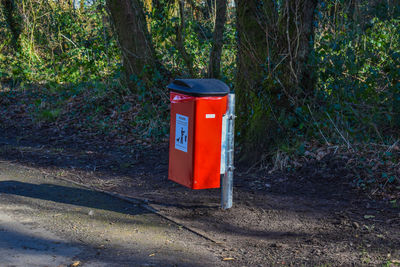 Red mailbox on road amidst trees in forest
