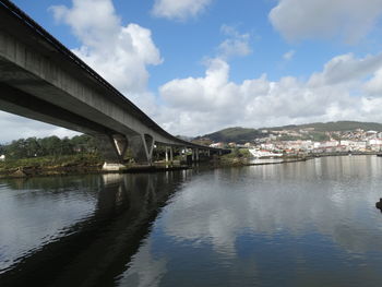 Bridge over river by mountain against sky