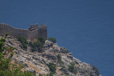 High angle view of fort against blue sea