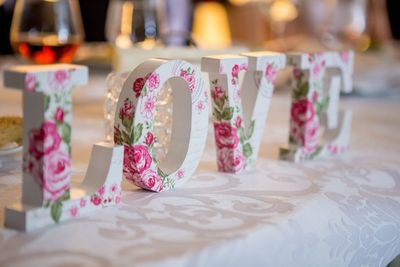 Close-up of text on table