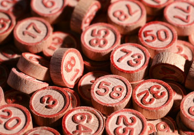 Full frame shot of wooden coins with numbers