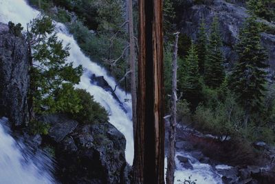 Scenic view of waterfall in forest during winter