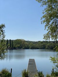 Scenic view of lake against clear blue sky