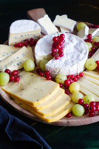 High angle view of fruits in plate on table