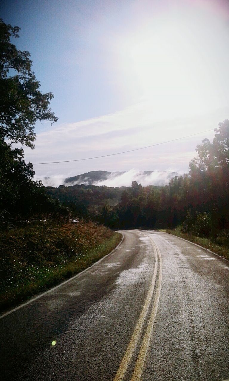 EMPTY ROAD WITH TREES IN BACKGROUND