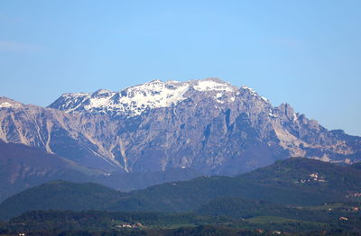 Scenic view of snowcapped mountains against clear sky