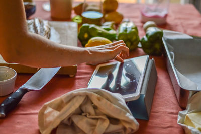 High angle view of people on table